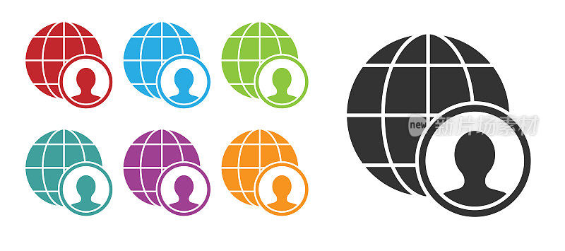 Black Globe and people icon isolated on white background. Global business symbol. Social network icon. Set icons colorful. Vector